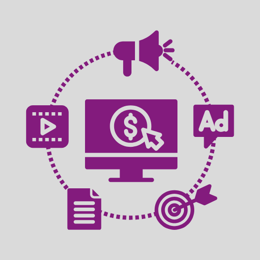 Tekst, video, kampania, reklama, cel a na środku monitor. Symbole tłumaczenia reklamowego.