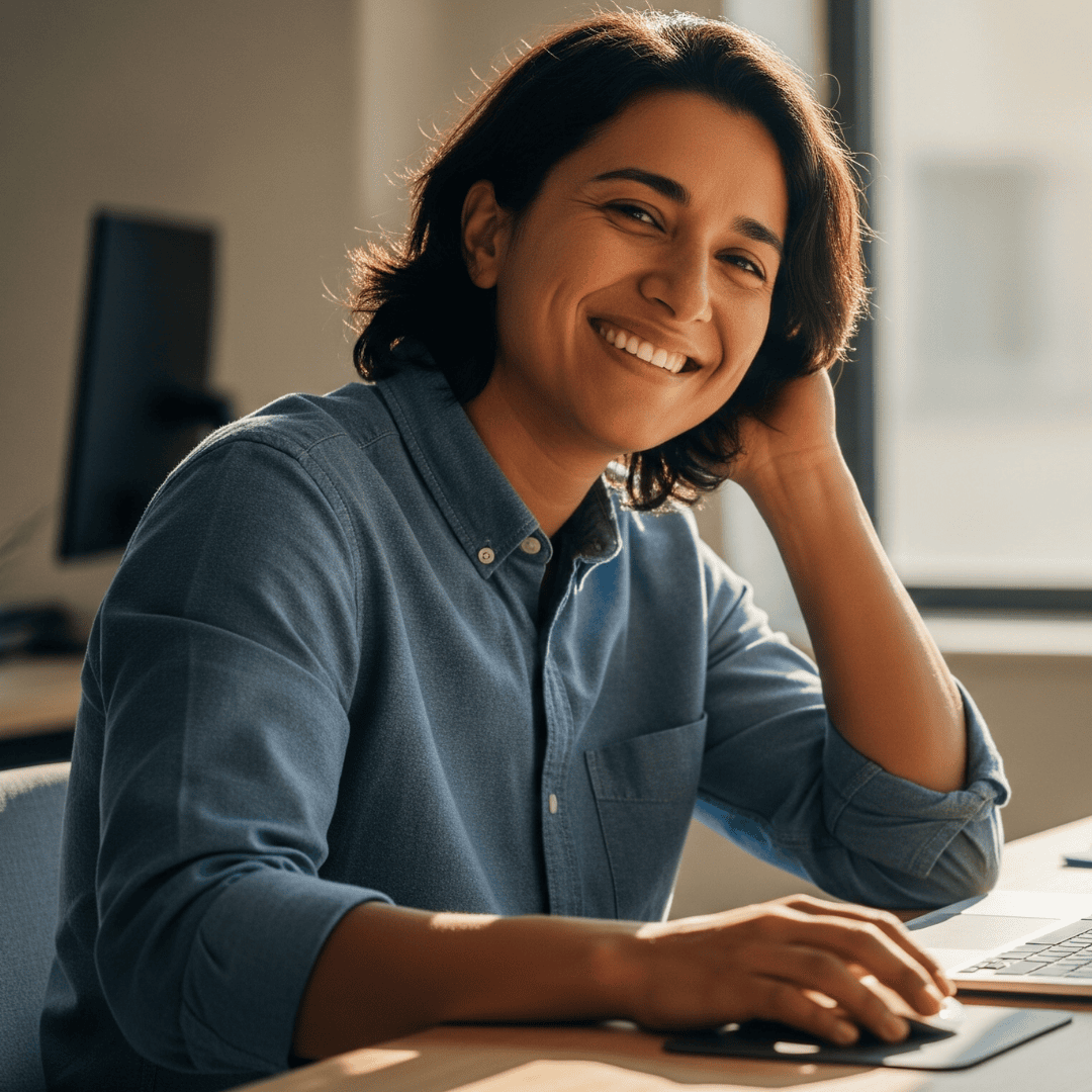 Uśmiechnięta klientka, która właśnie załatwiła sprawę swojego tłumaczenia online.